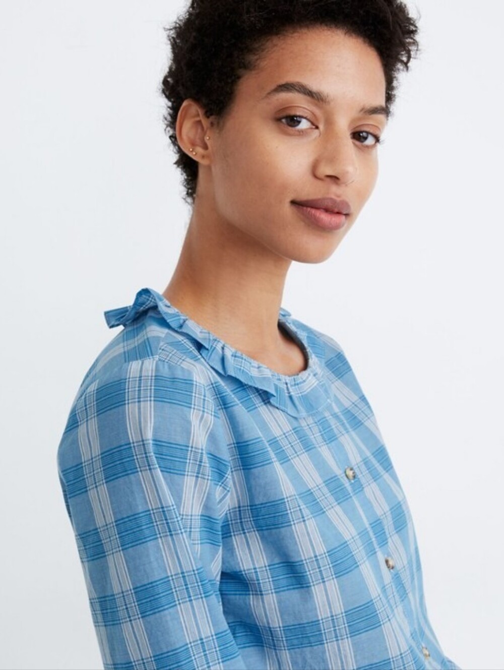 Madewell ruffle neck plaid long sleeve, size S